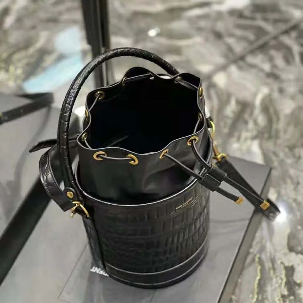Saint Laurent YSL Bahia Small Bucket Bag in Crocodile for Women in Embossed Lacquered Leather Saint Laurent YSL Bahia Small Bucket Bag in Crocodile for Women in Embossed Lacquered Leather