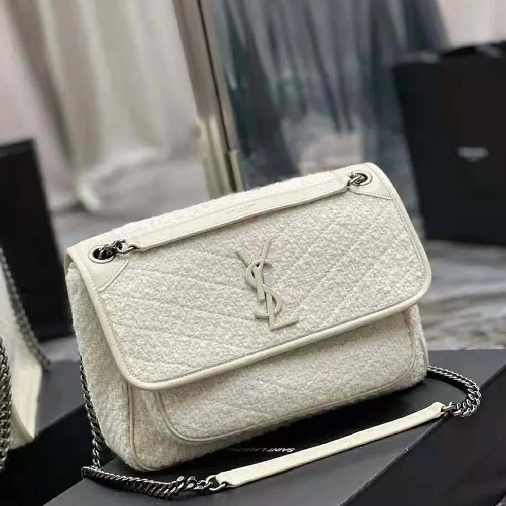 Saint Laurent YSL Niki Medium in Boucle Tweed and Smooth Leather for Women in White