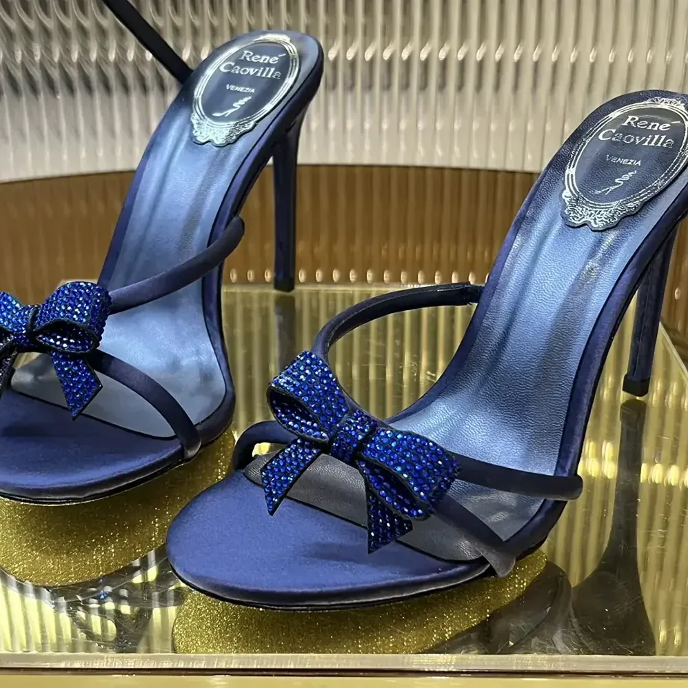 Rene Caovilla Cleo Midnight Blue Sandal with Bows 105 for Women Rene Caovilla Cleo Midnight Blue Sandal with Bows 105 for Women