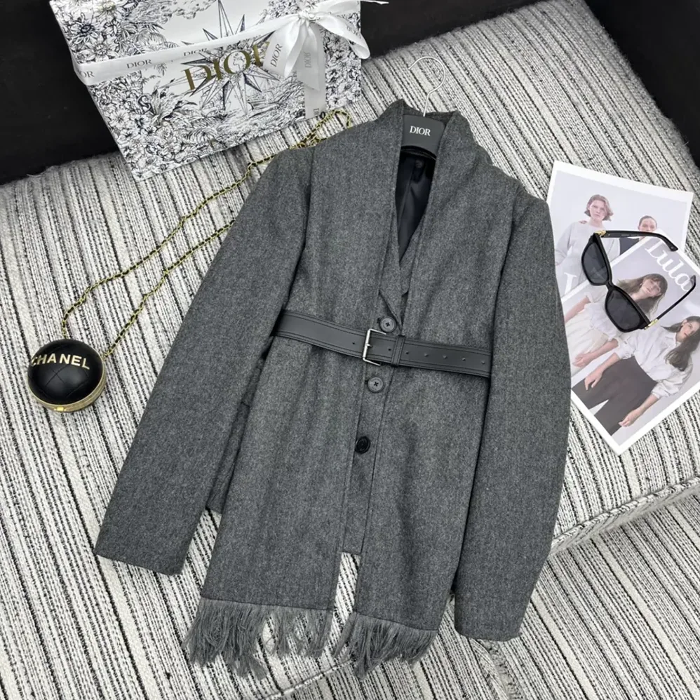 Dior Belted Jacket with Removable Scarf Gray Virgin Wool Tweed for Women