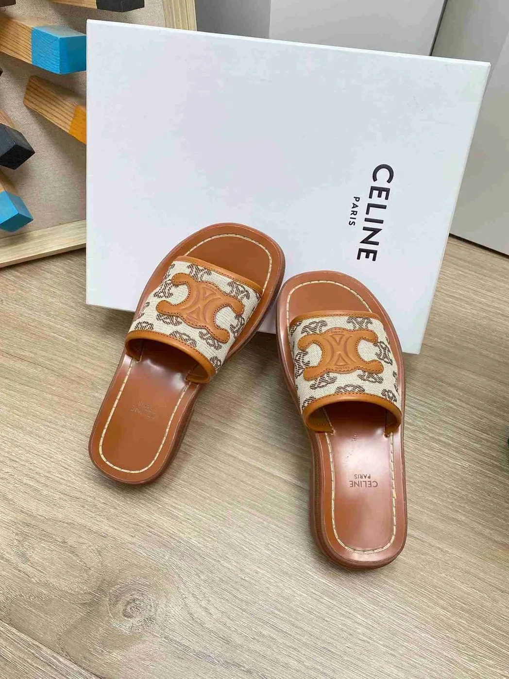 Celine Triomphe Slide In Triomphe Stamped Canvas Brown