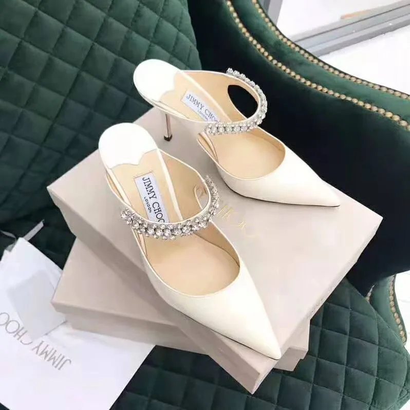 Jimmy Choo Shoes Bing 65 Linen Patent Leather Mules with Crystal Strap for Women Jimmy Choo Shoes Bing 65 Linen Patent Leather Mules with Crystal Strap for Women