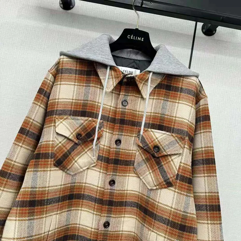 Celine Hooded Overshirt in Checked Wool for Men Celine Hooded Overshirt in Checked Wool for Men
