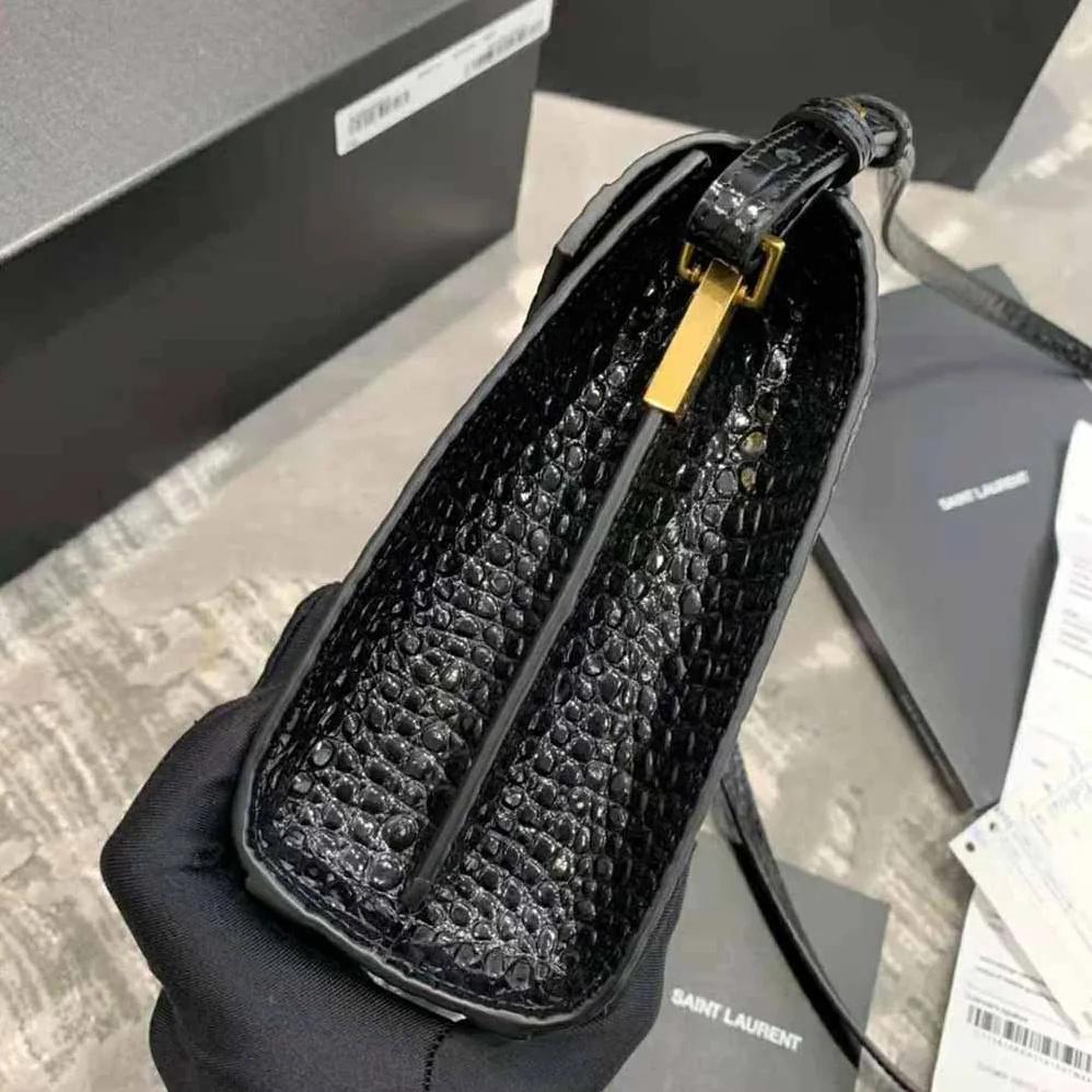 Saint Laurent YSL Cassandra Mini Top Handle Bag in Crocodile-Embossed Shiny Leather for Women in Black