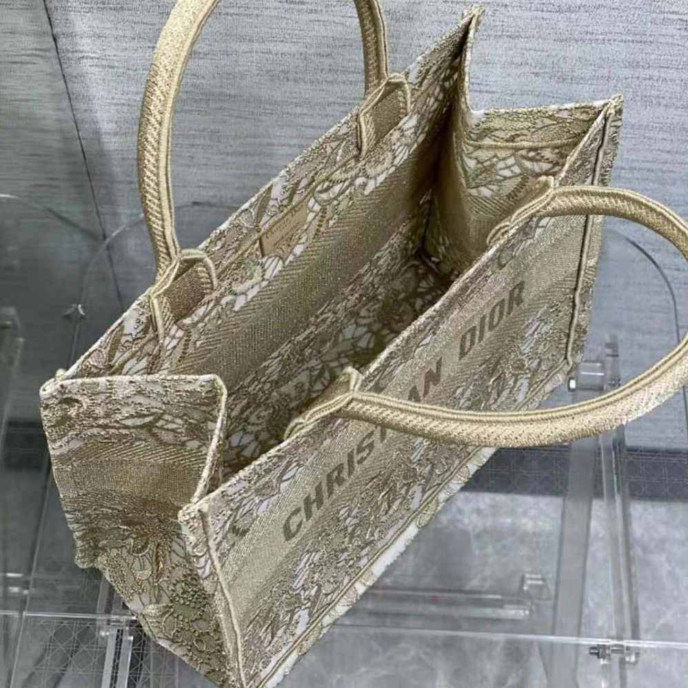Dior Medium Dior or Dior Book Tote Gold-Tone D-Lace Embroidery with Macramé Effect for Women