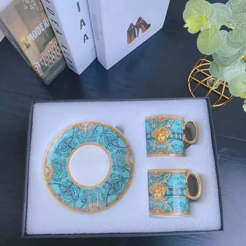 Versace Scala Del Palazzo Coffee Set Includes a Coffee Cup with Handle and a Matching Saucer in Blue