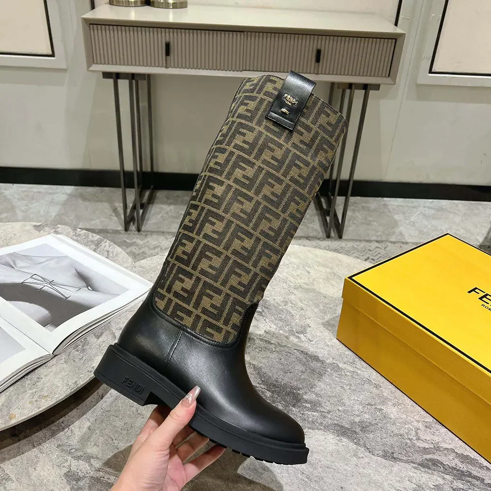 Fendi Filo Black Leather and Brown FF Fabric Boots for Women Fendi Filo Black Leather and Brown FF Fabric Boots for Women