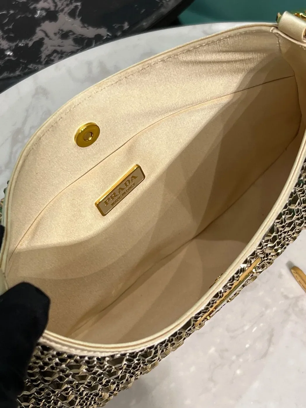 Prada Cleo Satin Bag With Crystals In Gold Tone / 1BC169_2AWL_F0522_V_HOO