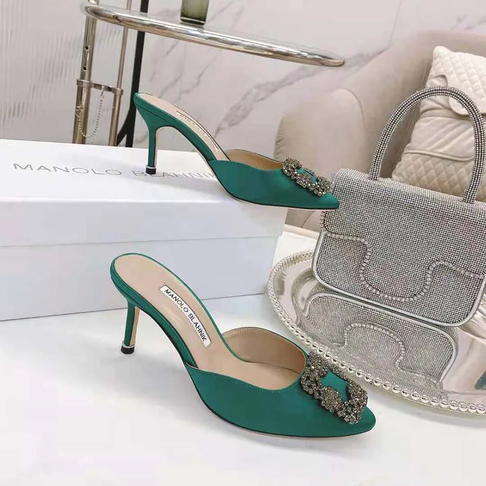 Manolo Blahnik Green Satin Jewel Buckle Mules for Women Manolo Blahnik Green Satin Jewel Buckle Mules for Women