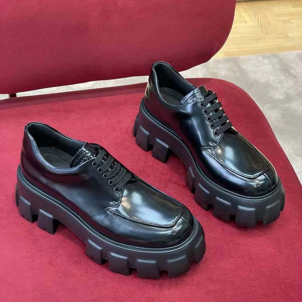 Prada Monolith Brushed Leather Lace-up Shoes for Women in Black