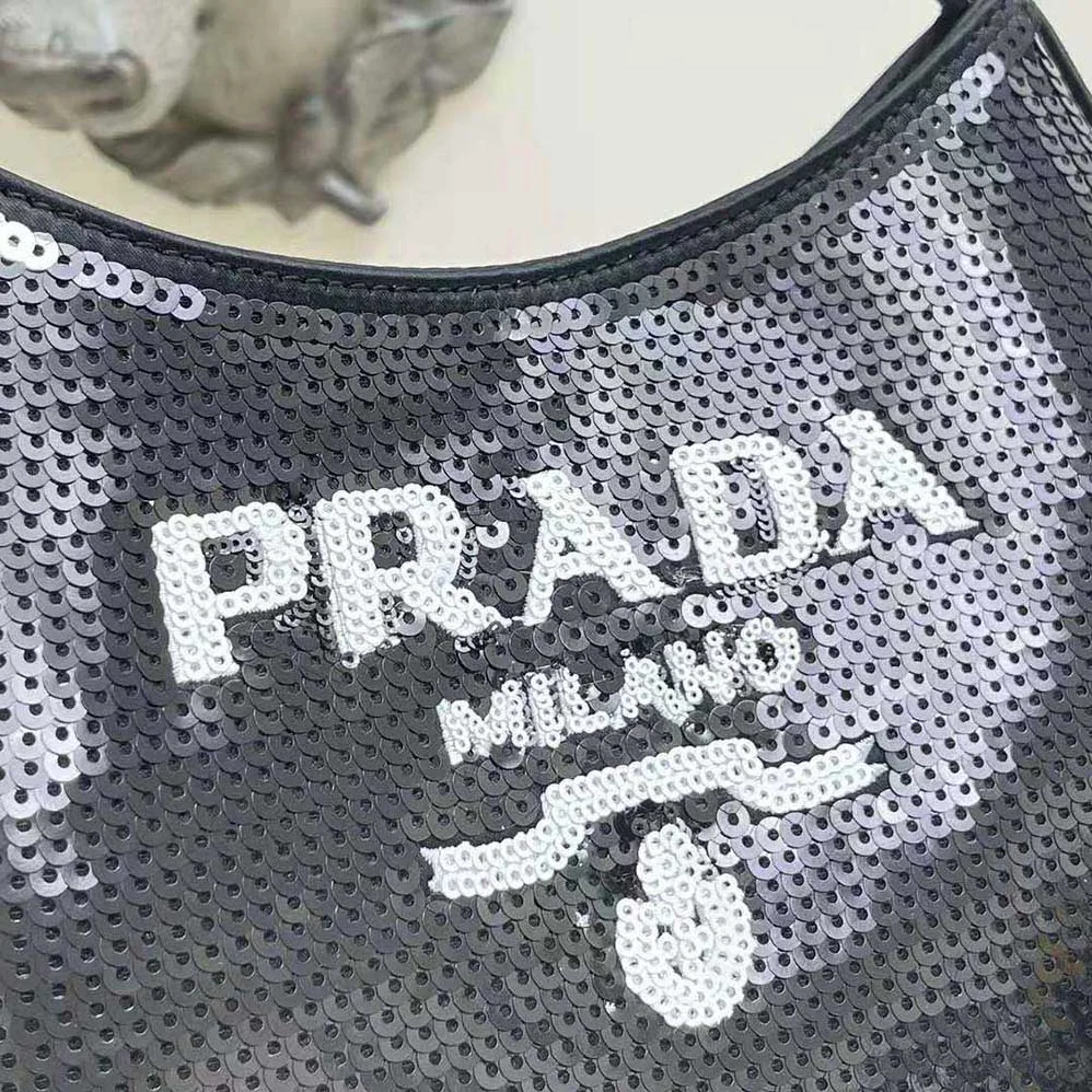 Prada Cleo Sequined Bag with Embroidered Lettering Logo on the Front for Women