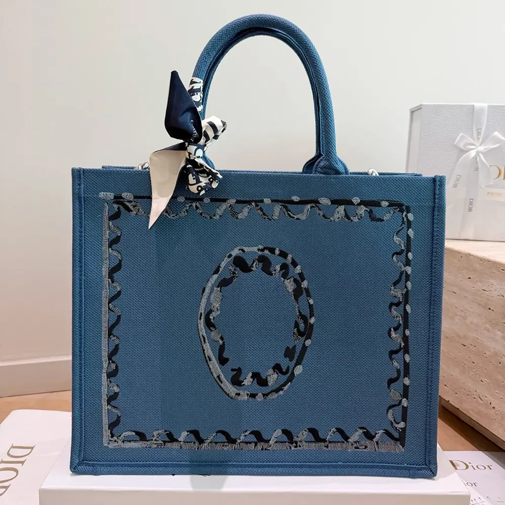Dior Dioriviera Medium Dior Book Tote with Strap Blue-Greige Dior Painted Ribbon Embroidery for Women Dior Dioriviera Medium Dior Book Tote with Strap Blue-Greige Dior Painted Ribbon Embroidery for Women