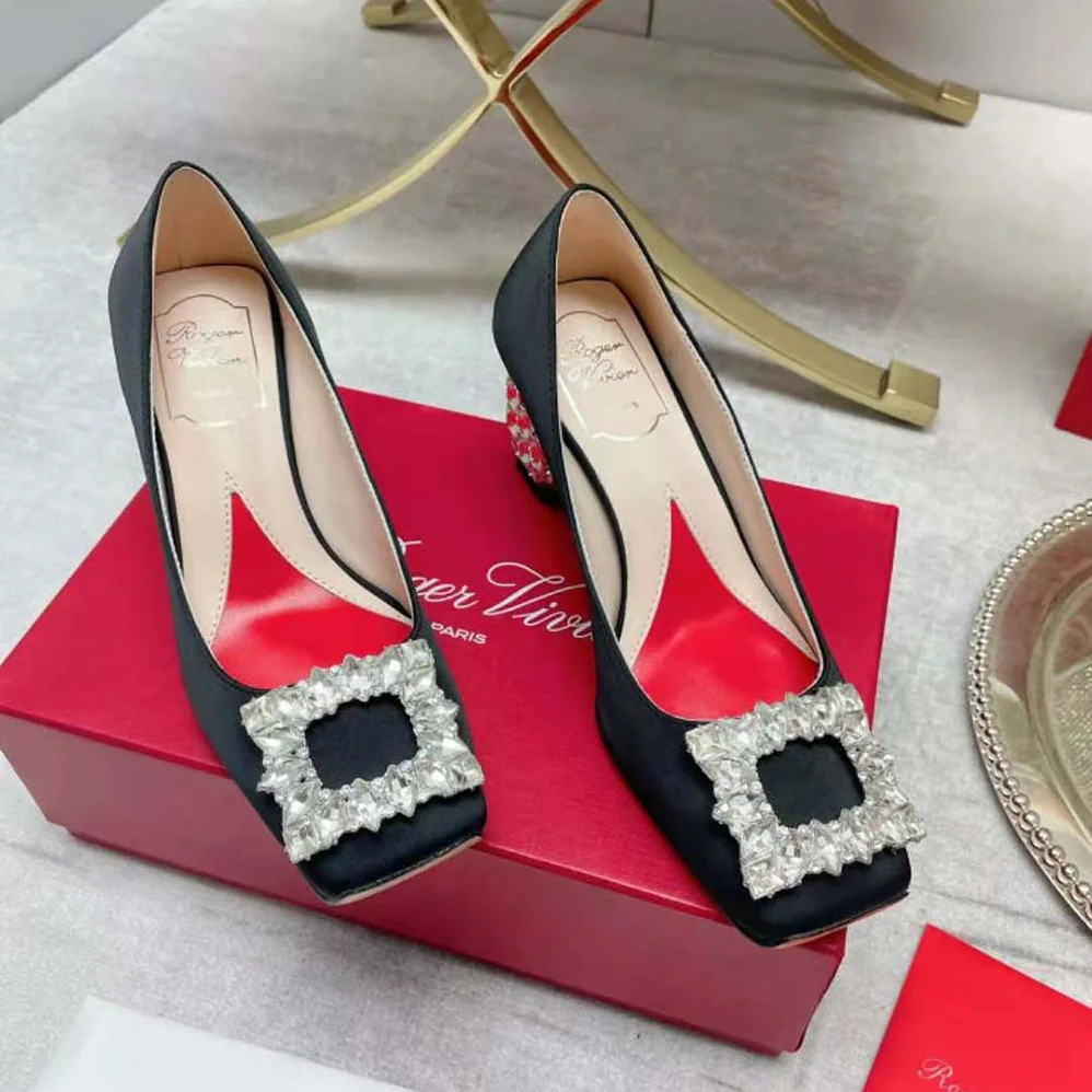 Roger Vivier Jewel Heel Rhinestone Buckle Pumps in Satin for Women Roger Vivier Jewel Heel Rhinestone Buckle Pumps in Satin for Women