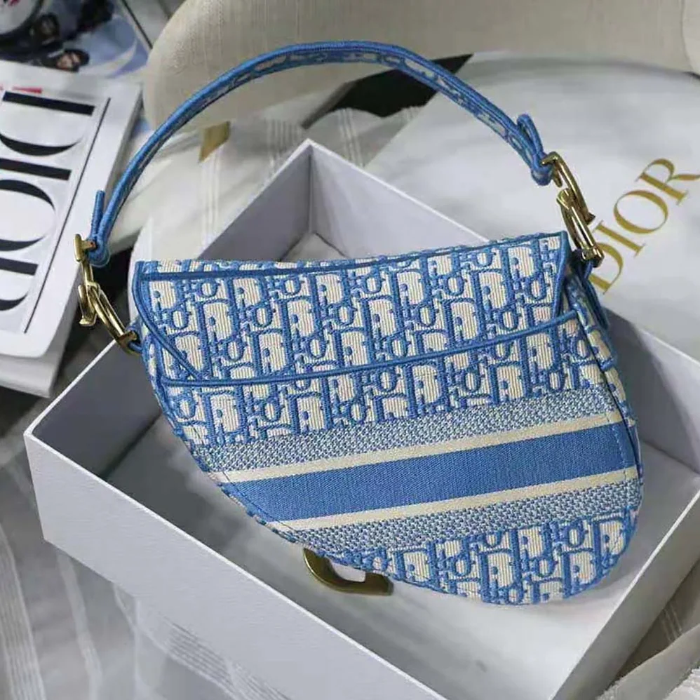 Dior Saddle Bag Cornflower Blue Dior Oblique Embroidery for Women
