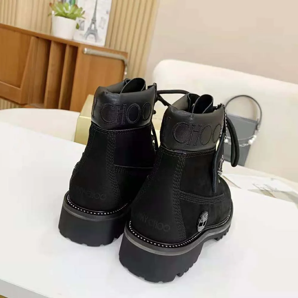 Jimmy Choo JC X Timberland/M Black Nubuck Leather Boots with Gunmetal Glitter for Women