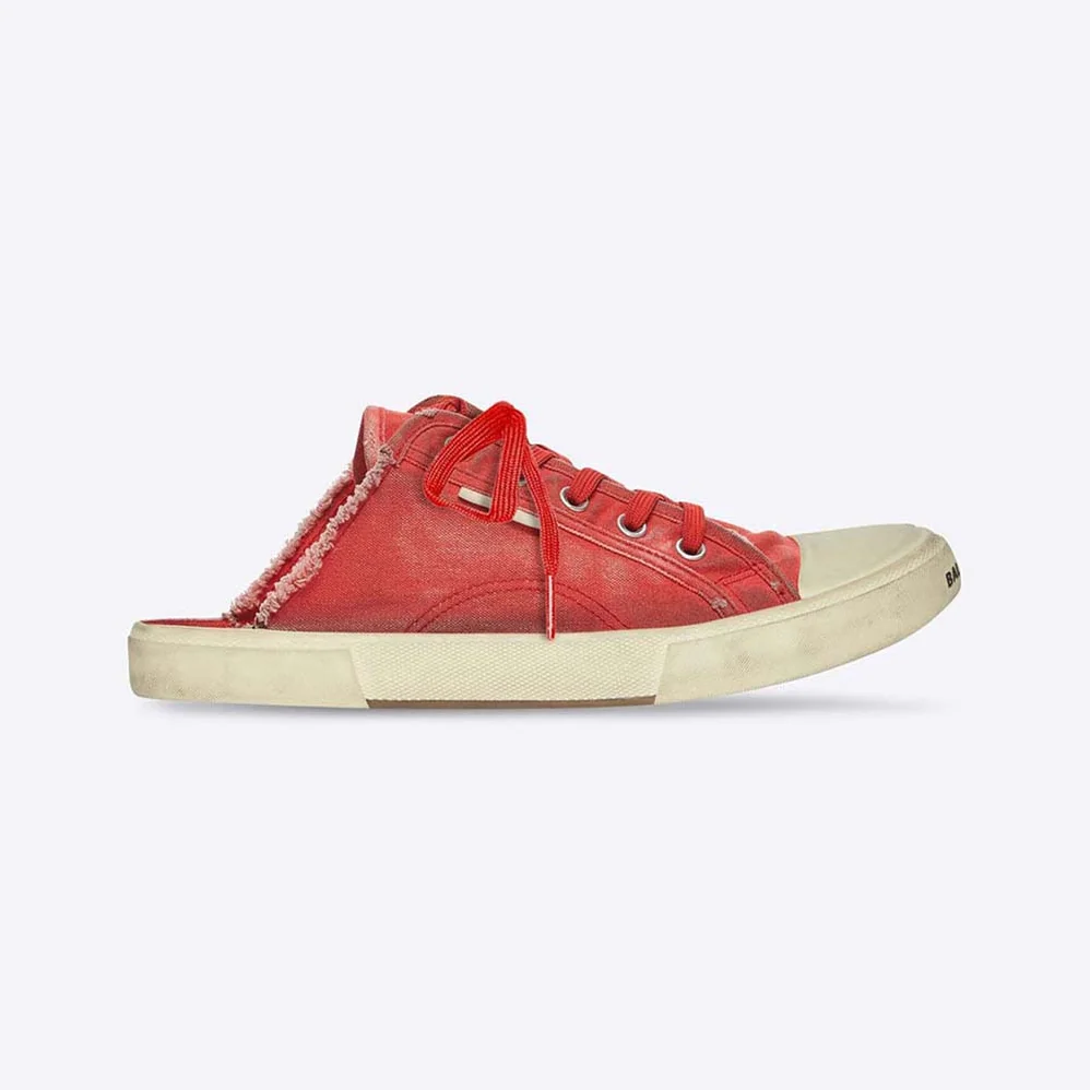 Balenciaga Paris Sneaker Mule in Red Destroyed Cotton and White Rubber for Unisex Balenciaga Paris Sneaker Mule in Red Destroyed Cotton and White Rubber for Unisex