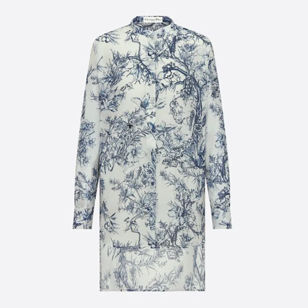 Dior Long Blouse Navy Blue Cotton Voile with Toile de Jouy Flowers Motif for Women