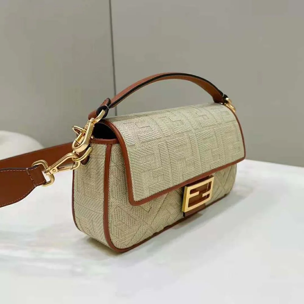 Fendi Baguette Natural Straw Bag with FF Embroidery for Women