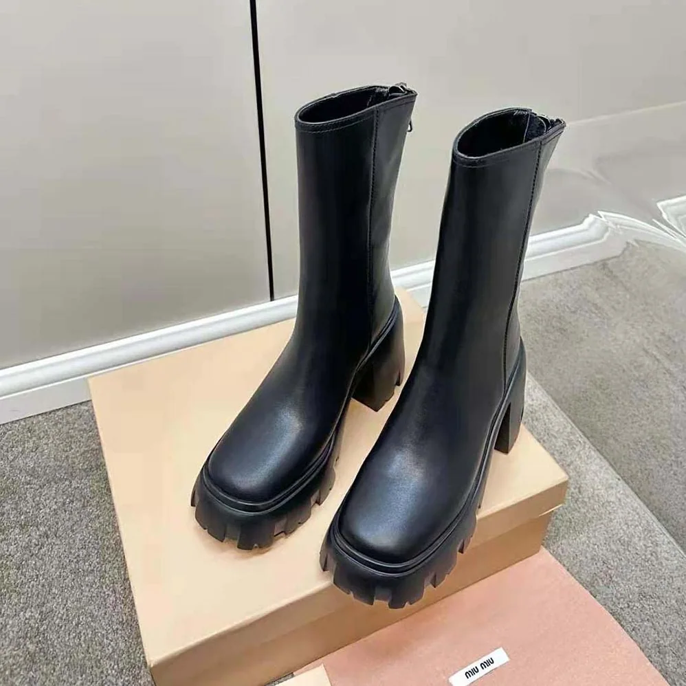 Miu Miu Leather Booties in EVA Sole with Logo for Women in Black Miu Miu Leather Booties in EVA Sole with Logo for Women in Black