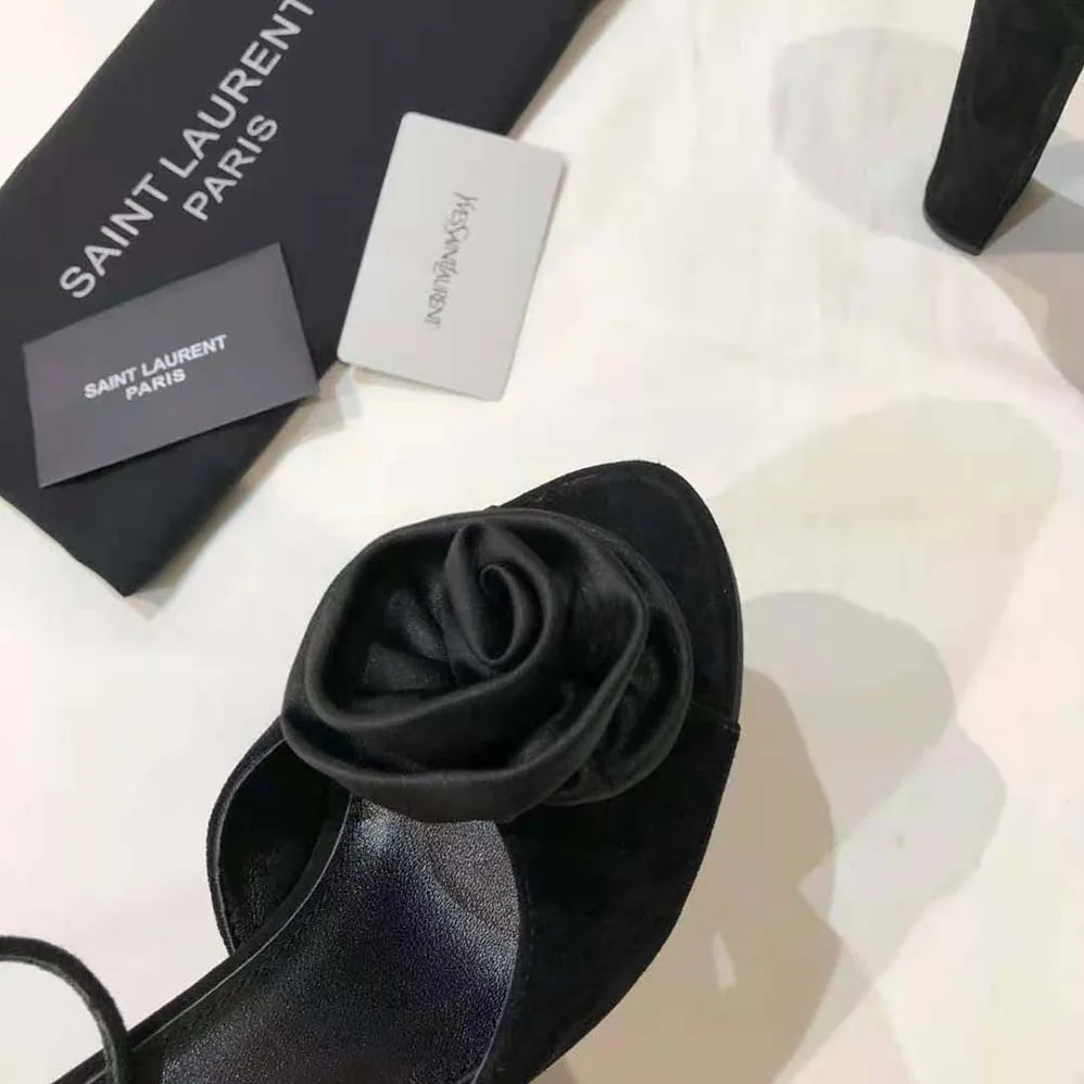 Saint Laurent YSL Jodie Platform Sandals in Suede with Silk Satin Flower for Women in Black Saint Laurent YSL Jodie Platform Sandals in Suede with Silk Satin Flower for Women in Black