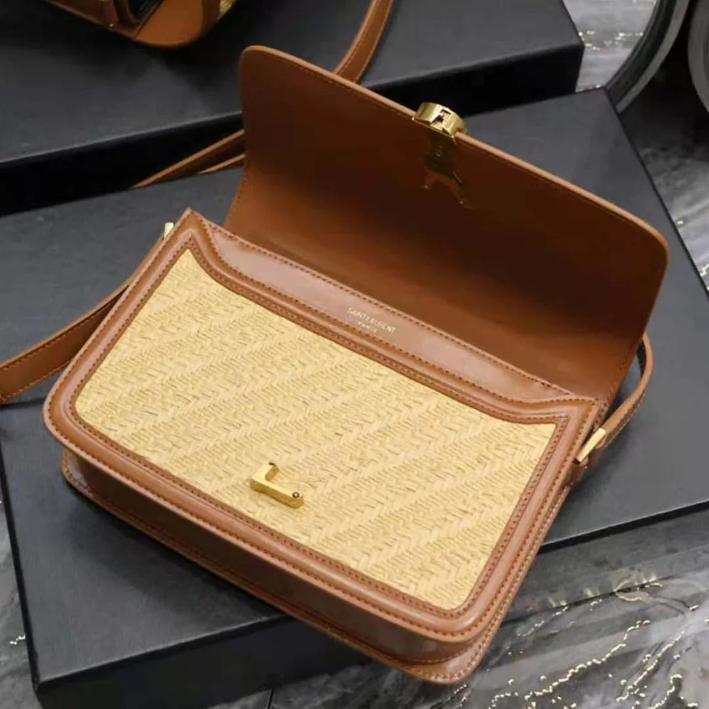 Saint Laurent YSL Solferino Medium Satchel in Raffia and Vegetable for Women in Tanned Leather Saint Laurent YSL Solferino Medium Satchel in Raffia and Vegetable for Women in Tanned Leather