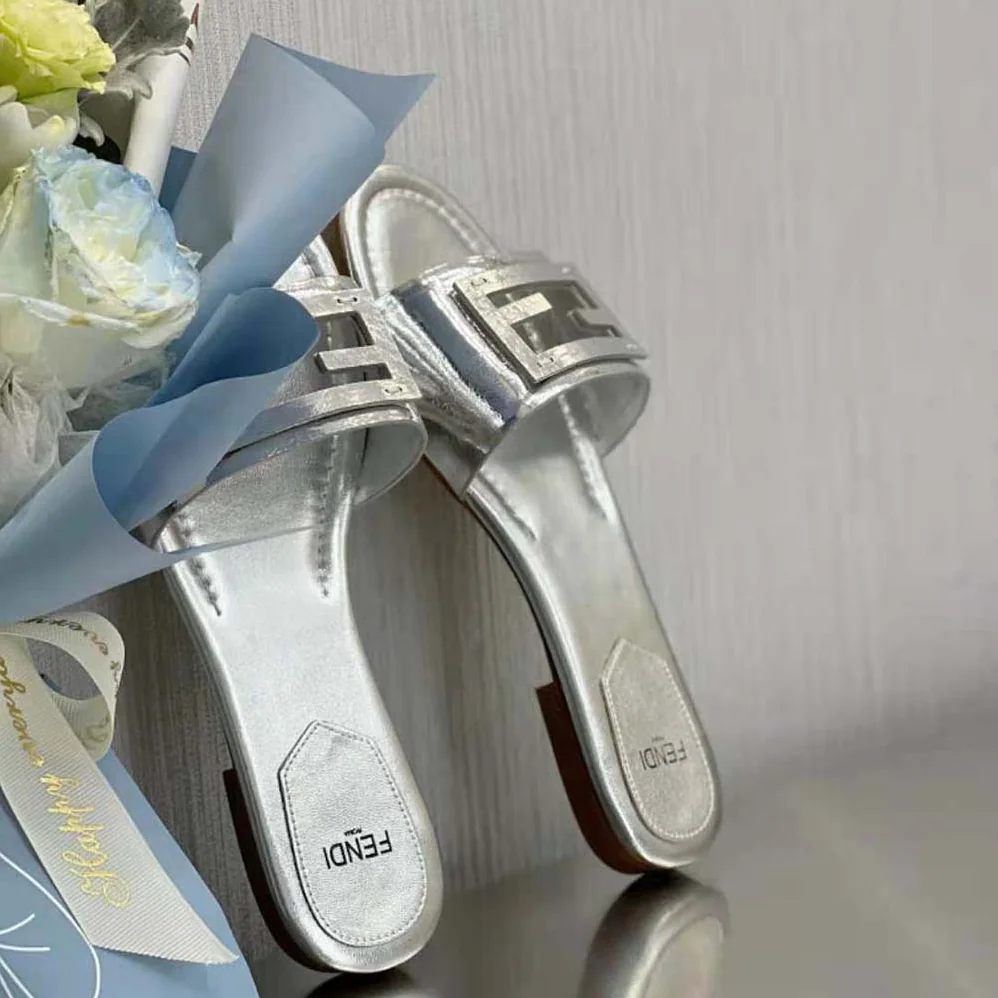 Fendi Baguette Silver Nappa Leather Slides for Women Fendi Baguette Silver Nappa Leather Slides for Women