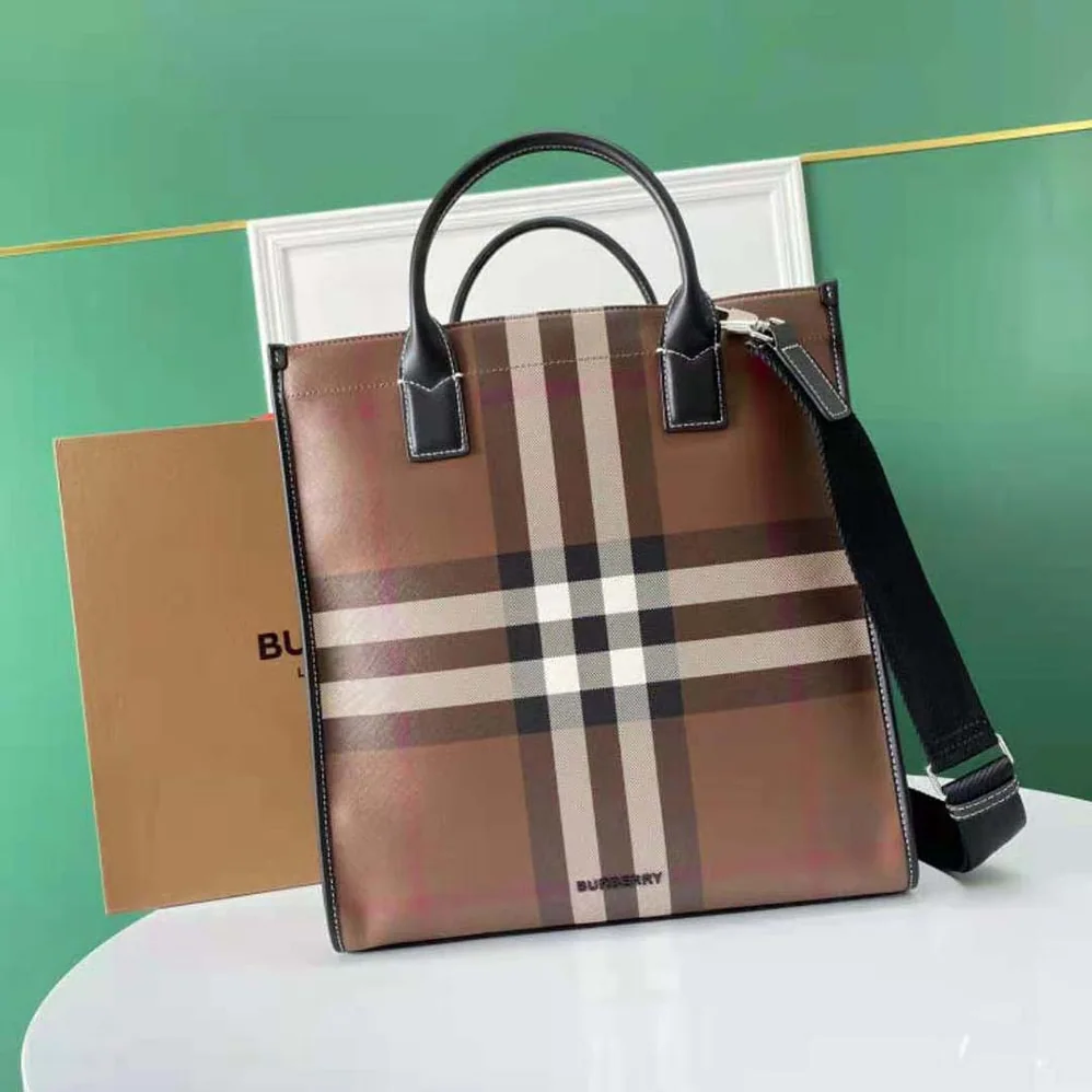 Burberry Exaggerated Check and Leather Slim Tote for Men in Brown