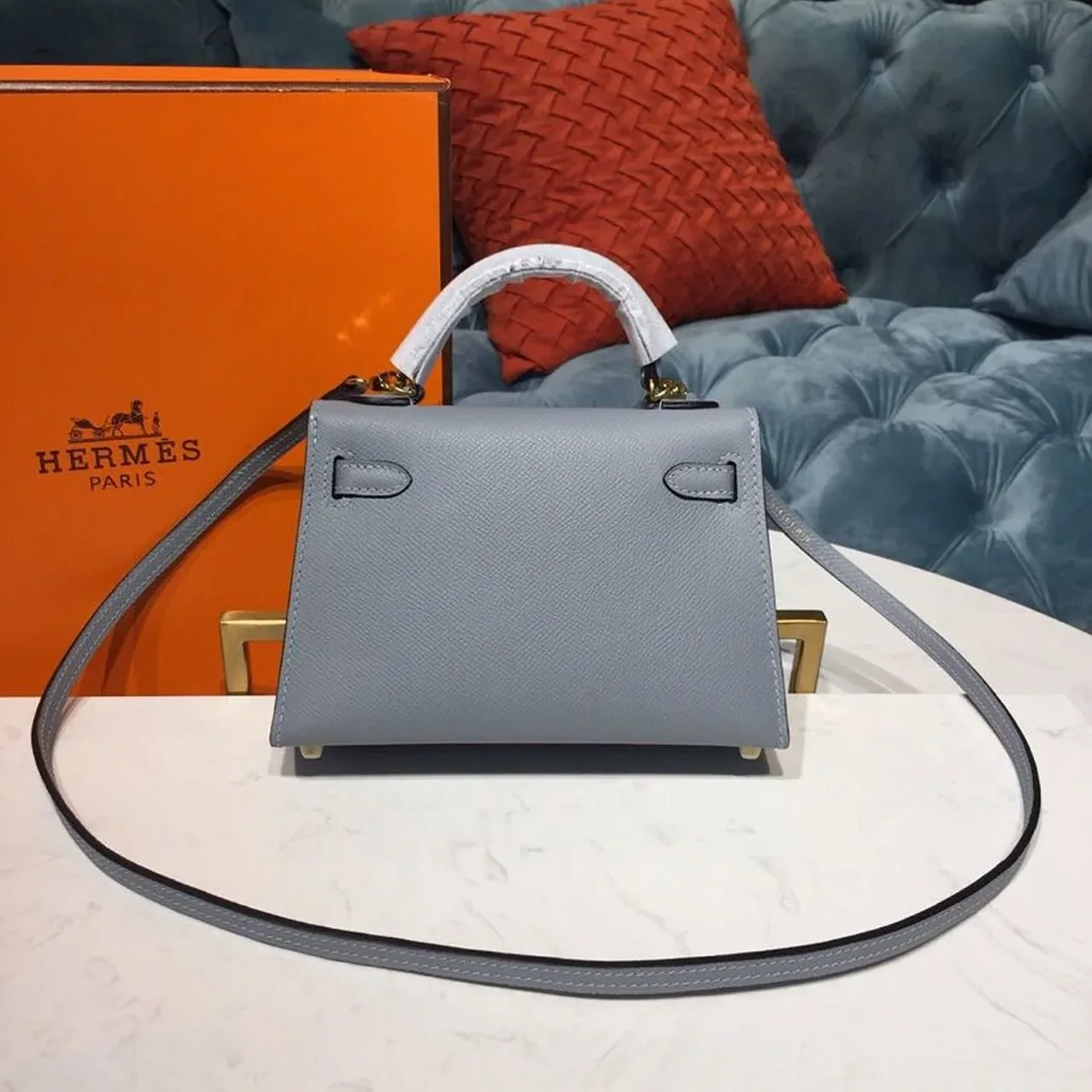 Hermes Kelly Mini Top Handle Bag in Bleu Glacier Gold Hardware