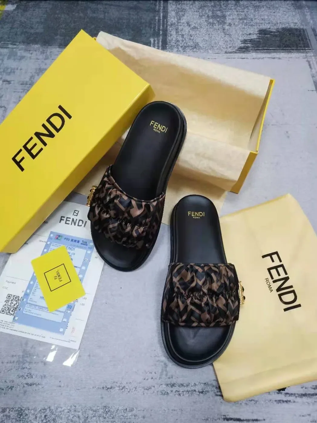 Fendi Feel Brown Satin Slides 8X8142AE7SF0R7V Fendi Feel Brown Satin Slides 8X8142AE7SF0R7V