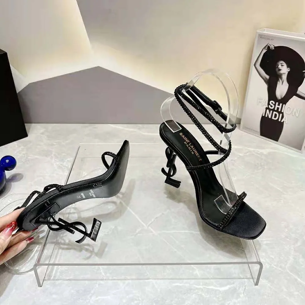 Saint Laurent YSL Opyum Sandals in Crepe Satin and Rhinestones for Women
