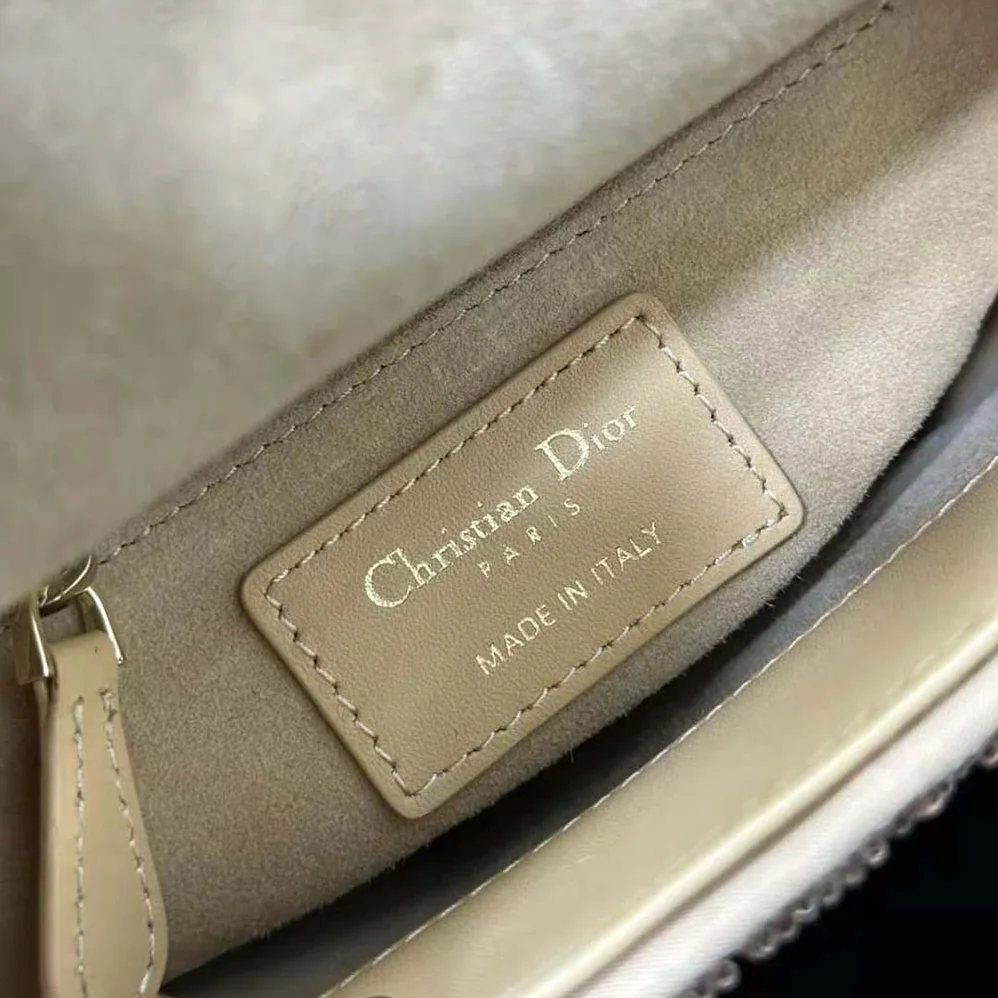 Dior Mini Lady D-joy Bag Caramel Beige Cannage Cotton Embroidered with Micropearls for Women