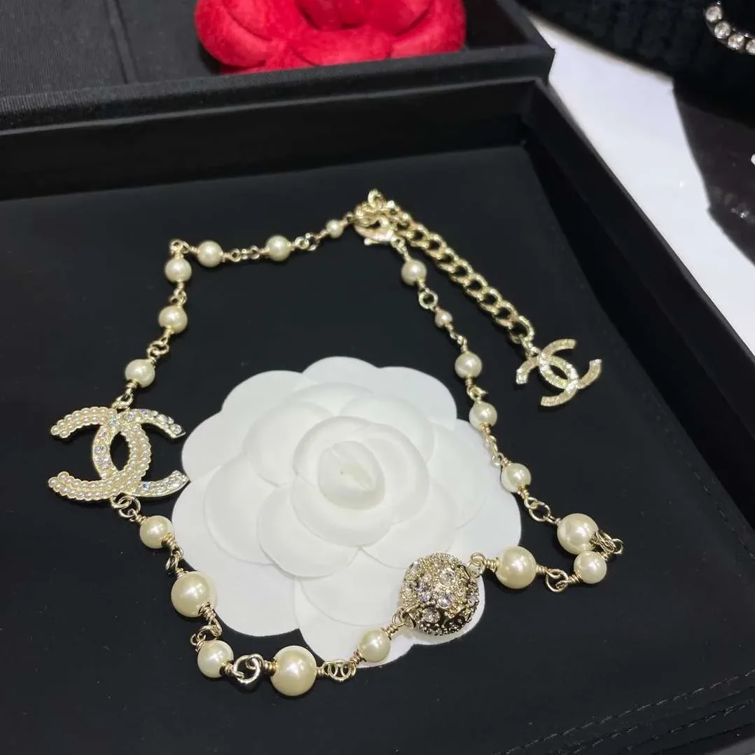 Chanel Round Crystal Pearl Necklace Gold