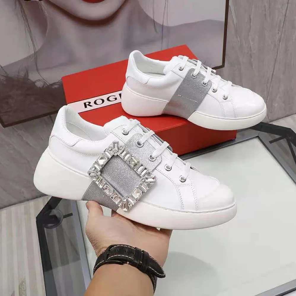 Roger Vivier Viv' Skate Glitter Strass Buckle Sneakers in Soft Leather for Women in Silver Roger Vivier Viv' Skate Glitter Strass Buckle Sneakers in Soft Leather for Women in Silver
