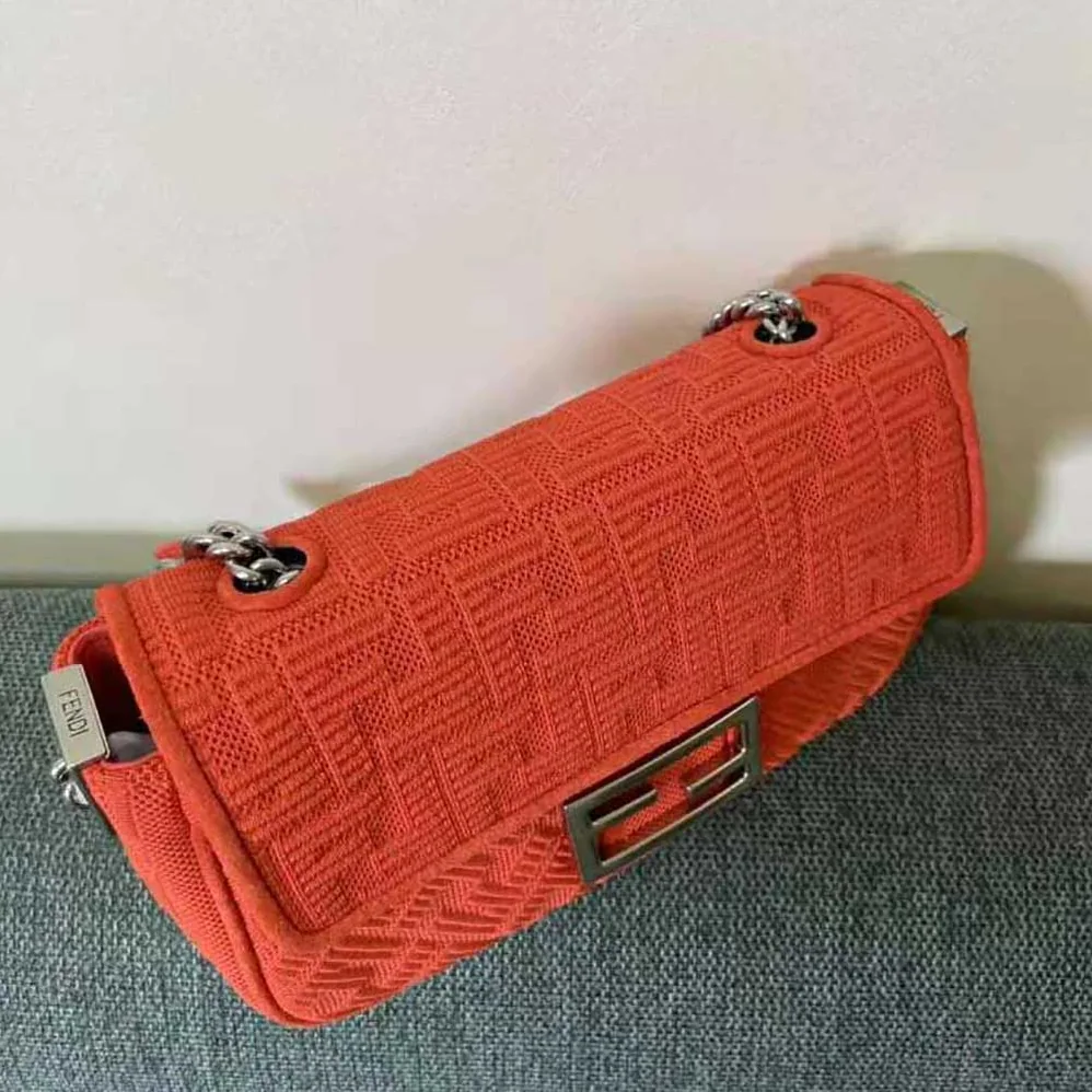 Fendi Midi Baguette Chain FF Fabric Bag for Women in Red