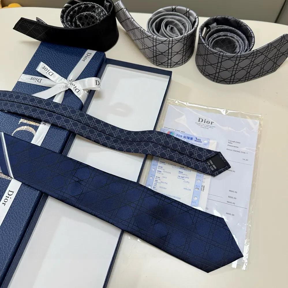 Dior Striped Cannage Tie Navy Blue Gray and White Silk for Men