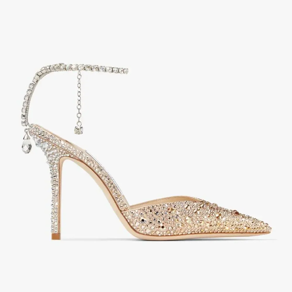 Jimmy Choo Saeda 100 Gold Satin Pumps with Crystals for Women