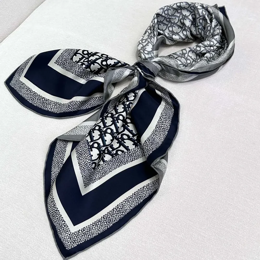 Dior Dior Oblique Diortwin 90 Square Scarf Gray and Navy Blue Silk Twill for Unisex