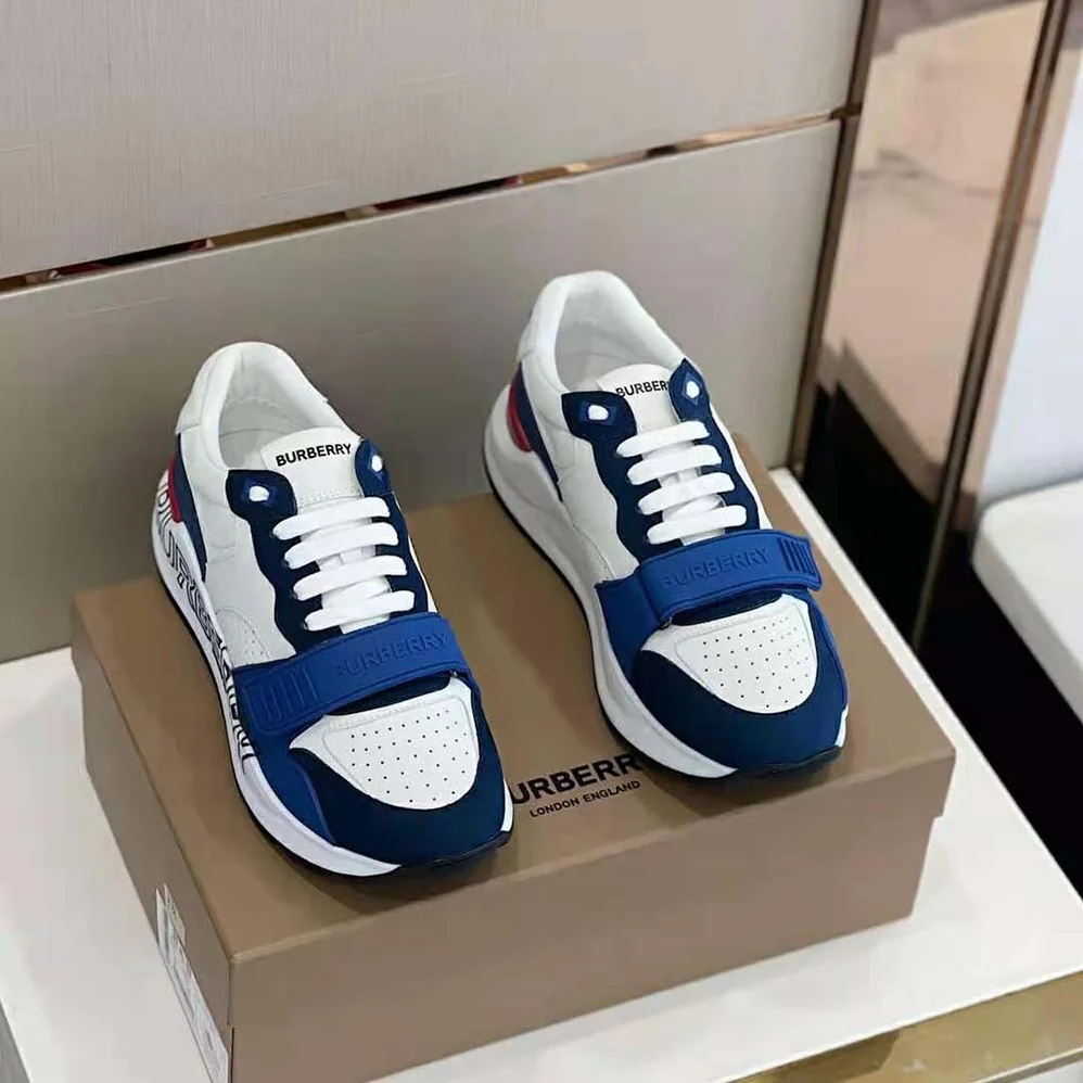 Burberry Logo Print Leather Sneakers for Men in Blue Burberry Logo Print Leather Sneakers for Men in Blue