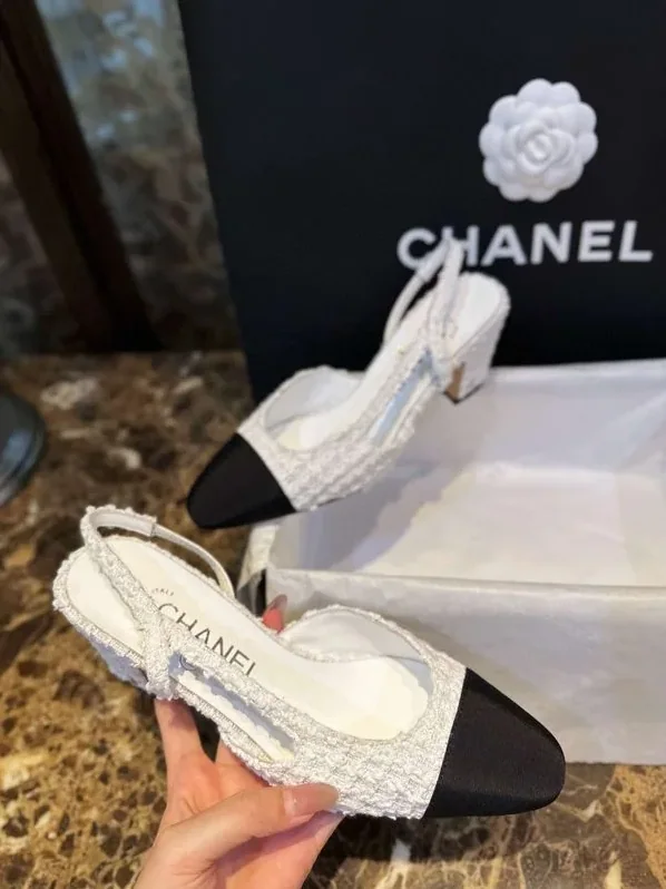 Chanel Sling Back Tweed Pumps White Chanel Sling Back Tweed Pumps White