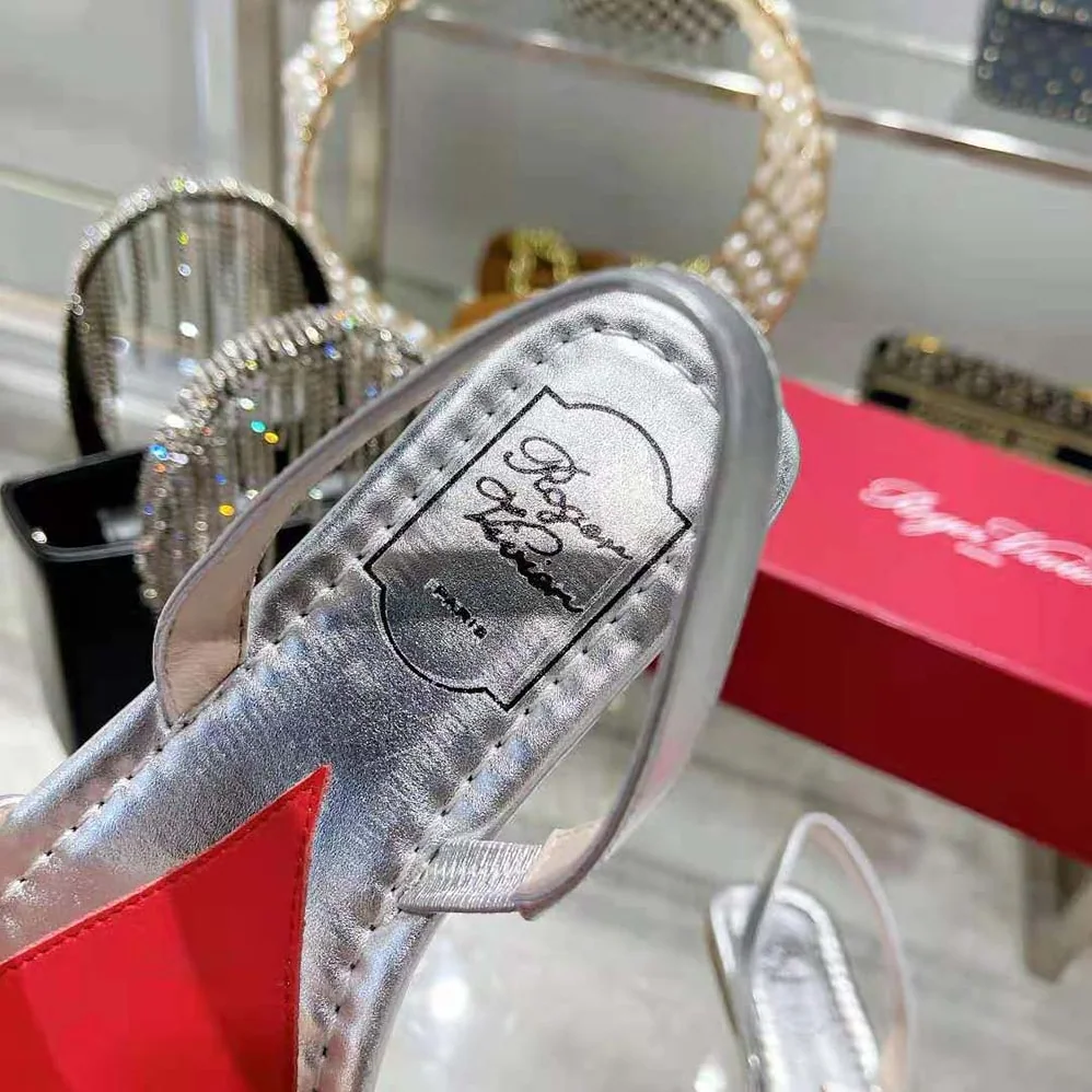 Roger Vivier Biki Love Strass Buckle Sandals in Leather for Women in Silver Roger Vivier Biki Love Strass Buckle Sandals in Leather for Women in Silver