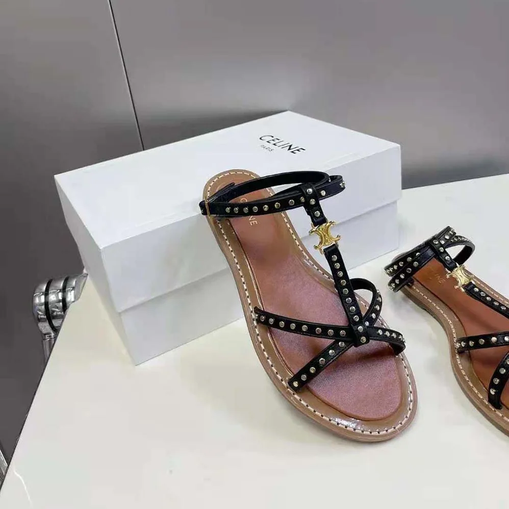 Celine Taillat Flat Sandal with Studs in Calfskin – Vegetal Tanning & Studs for Women in Black Celine Taillat Flat Sandal with Studs in Calfskin – Vegetal Tanning & Studs for Women in Black
