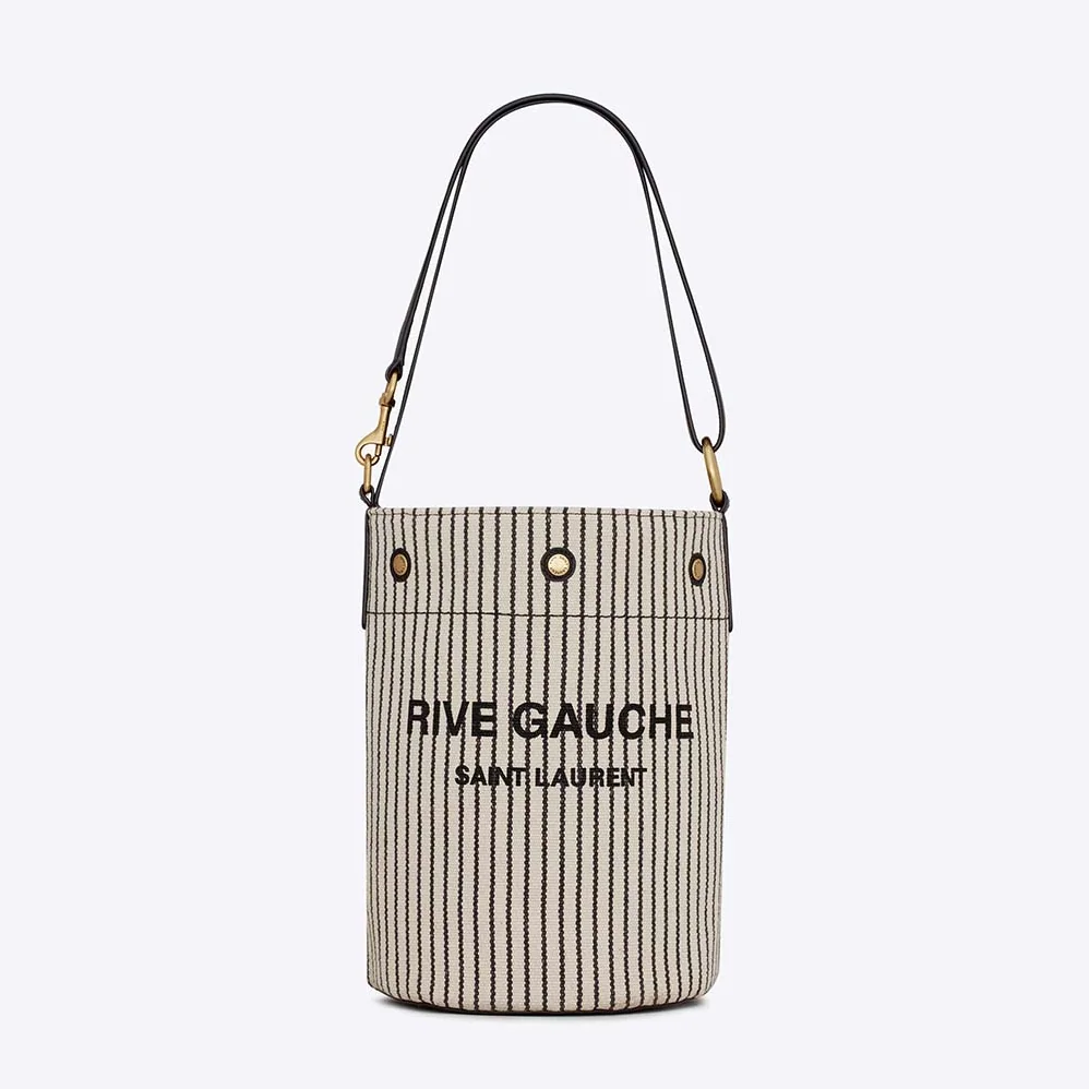 Saint Laurent YSL Rive Gauche Bucket Bag in Striped Canvas and Leather for Women Saint Laurent YSL Rive Gauche Bucket Bag in Striped Canvas and Leather for Women