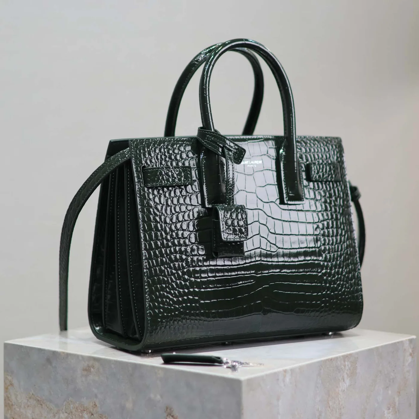 Saint Laurent YSL Sac De Jour in Embossed Crocodile Leather Baby for Women in Dark Green
