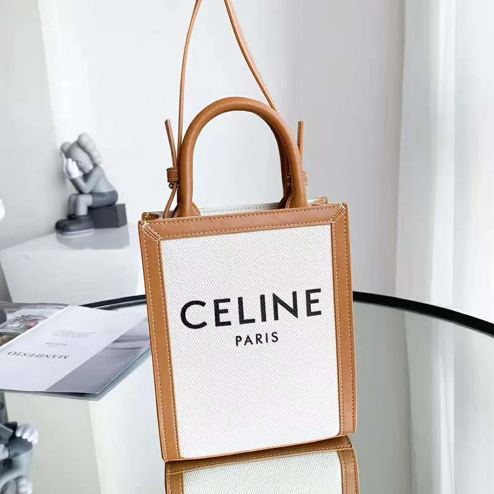 Celine Mini Vertical Cabas Celine in Textile with Celine Print and Calfskin for Women in White Celine Mini Vertical Cabas Celine in Textile with Celine Print and Calfskin for Women in White