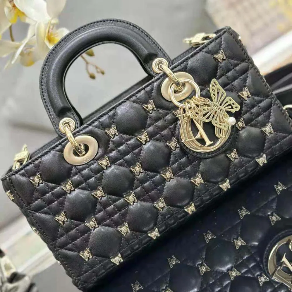 Dior Medium Lady D-joy Bag Black Cannage Lambskin with Gold for Women in Finish Butterfly Studs Dior Medium Lady D-joy Bag Black Cannage Lambskin with Gold for Women in Finish Butterfly Studs