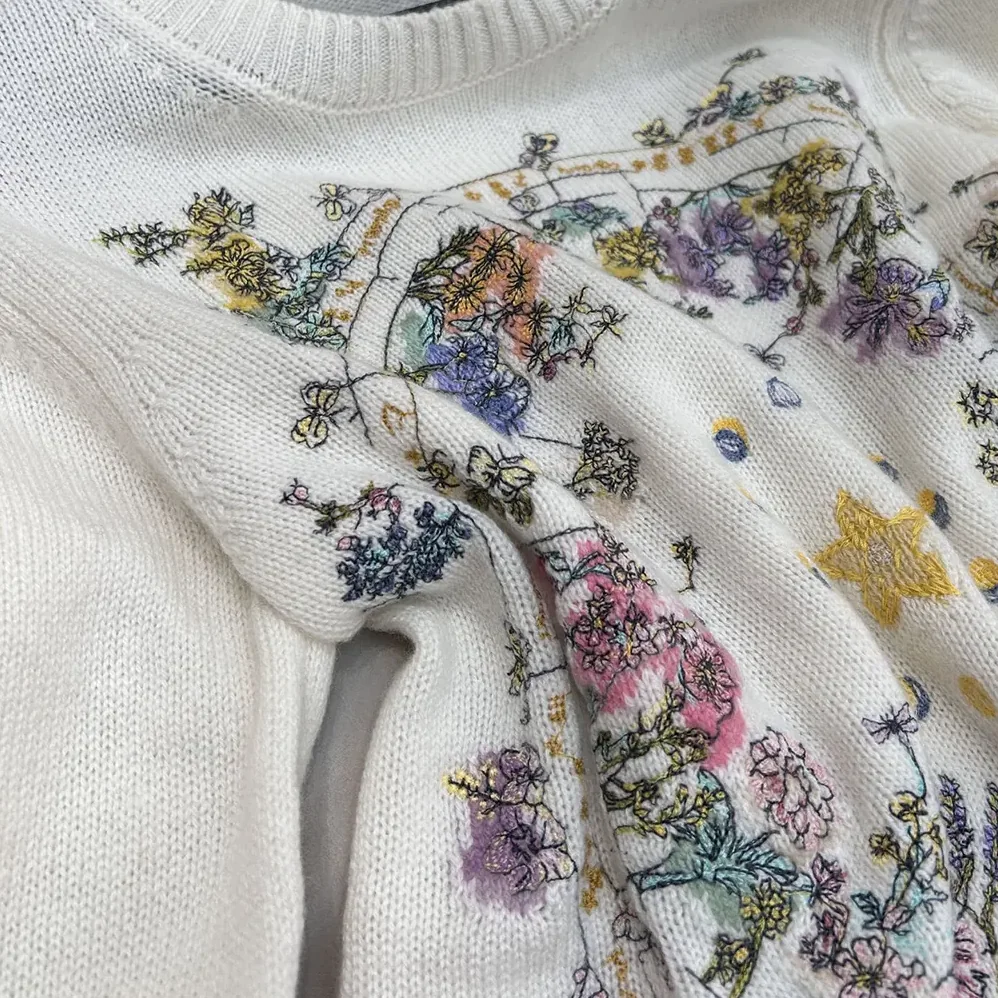 Dior Embroidered Sweater White Cashmere Knit with Multicolor Dior Astral Flowers Motif for Women