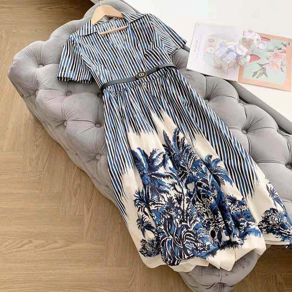 Dior Long Dress Blue and White Silk Canvas with Dior Palms Motif for Women Dior Long Dress Blue and White Silk Canvas with Dior Palms Motif for Women