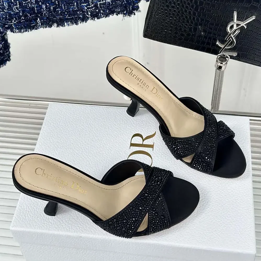 Dior Dior Tribales Heeled Slide Black Suede Calfskin and Strass for Women