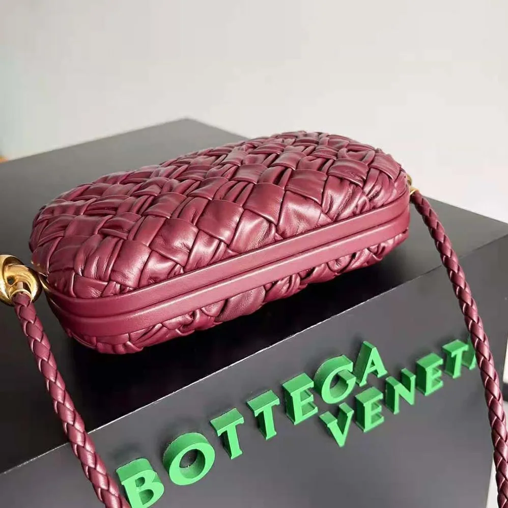Bottega Veneta Knot On Strap Foulard Intreccio Leather Minaudiere with Strap for Women in Maroon