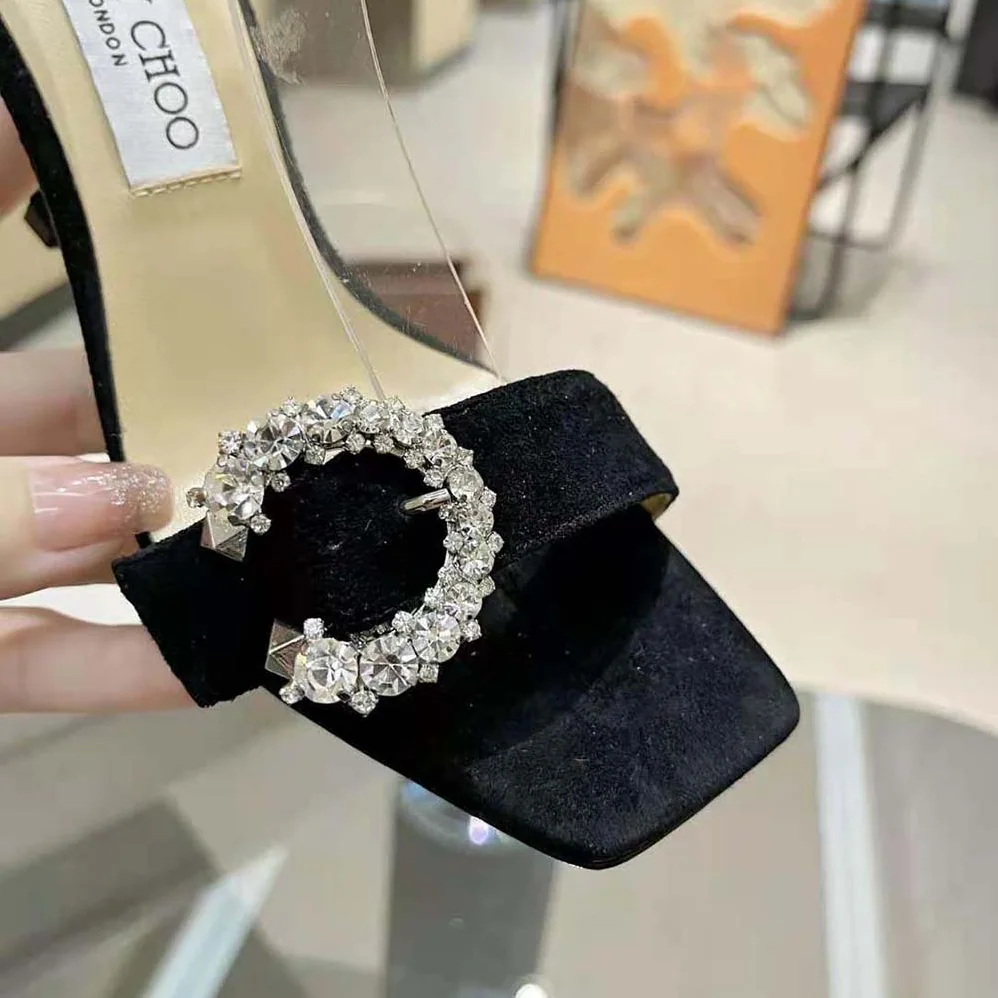 Jimmy Choo Marsai 90 Black Suede Sandals with Crystal Buckle for Women Jimmy Choo Marsai 90 Black Suede Sandals with Crystal Buckle for Women